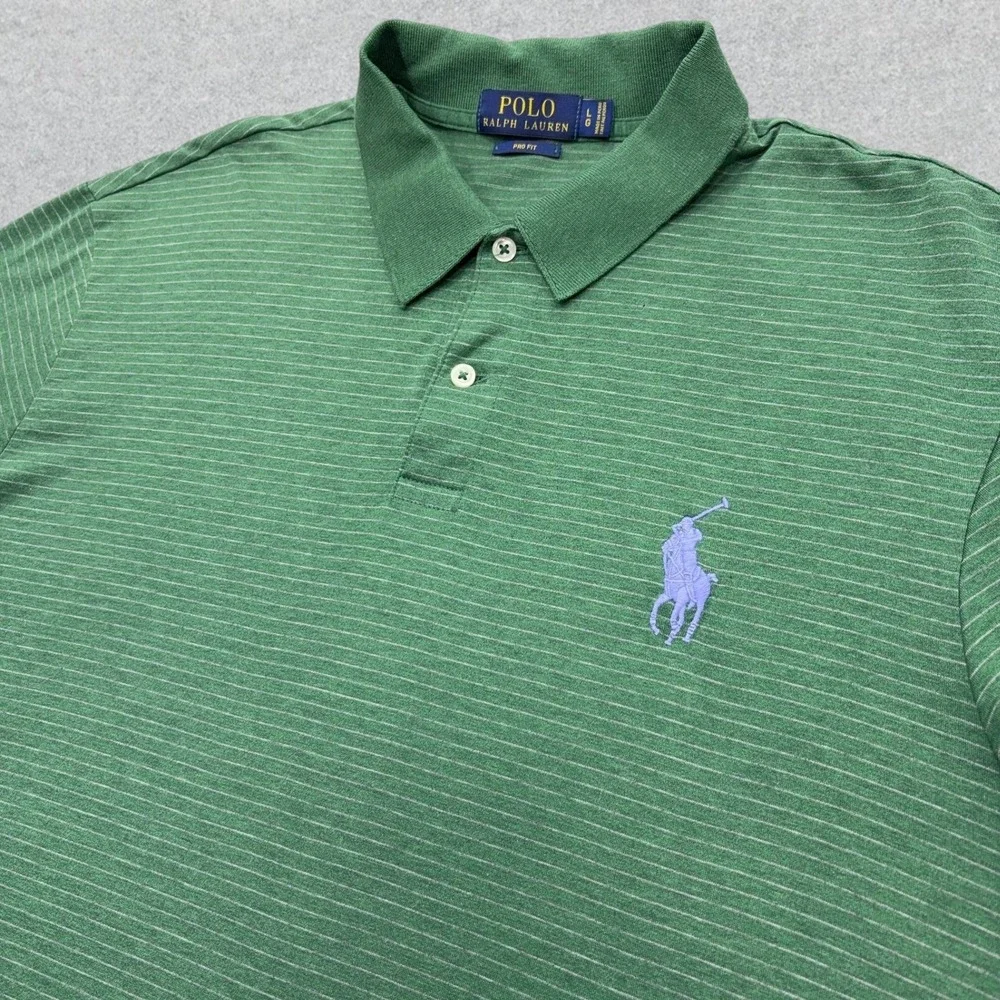 Polo Ralph Lauren Polo Shirt Mens Large Green Striped Pro Fit Pima Cotton Pony
